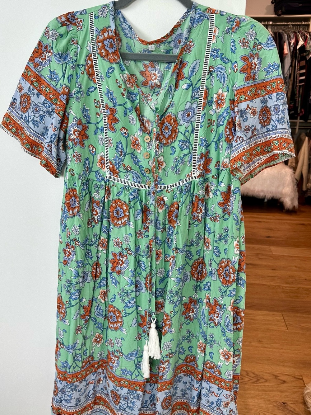 Beachsissi Women's Green Floral Boho Tassel Babydoll Dress